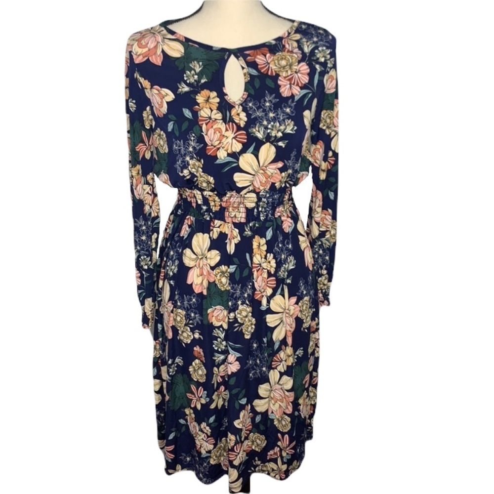 SJS Navy Floral Long Sleeve Peep Hole Elastic Waist Dress Size Small
